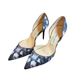 Jimmy Choo Floral Satin D’Orsay Heels – Stunning Black/Blue Print – Size 38 US 8